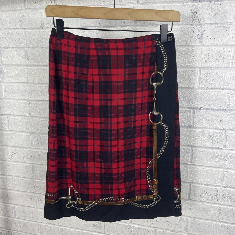 VTG Talbots Wool Blend Equestrian Wrap Skirt Womens 4 Red Plaid Horse Bridle